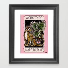 Work To Do Naps To Take Leopard with Monstera Greenery Plant Classic Cute Traditional Tattoo Flash Style Print by Ella Mobbs Framed Art Print
