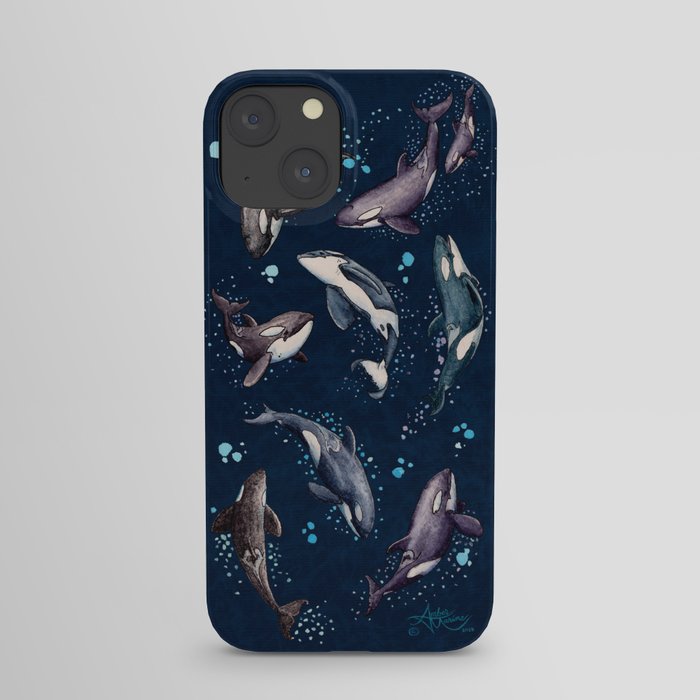 "Orca Pod in Watercolor" by Amber Marine, (Navy Blue Version) Killer Whale Art, © 2019 iPhone Case