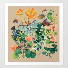 Floral Luna Moth Art Print | Leaf, Nature, Mushroom, Luna, Paint, Woods, Forest, Painting, Floral, Gouache 