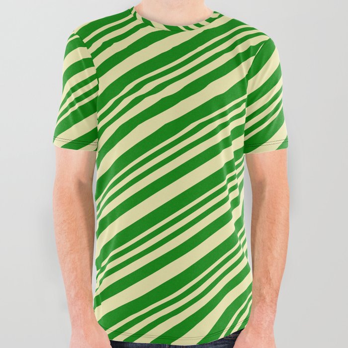 Pale Goldenrod & Green Colored Stripes/Lines Pattern All Over Graphic Tee