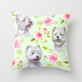 Westie in The Rose Garden pattern - mint Throw Pillow