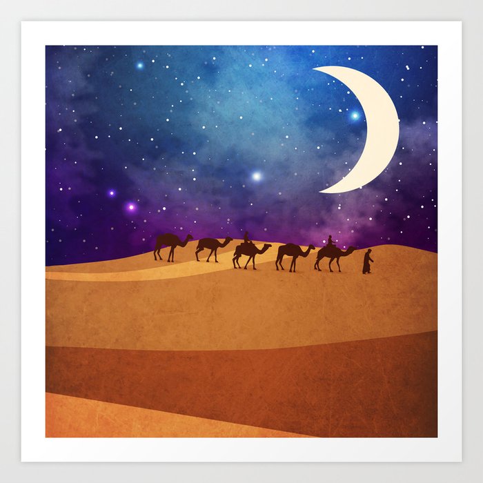A convoy of camels at night 1 Art Print