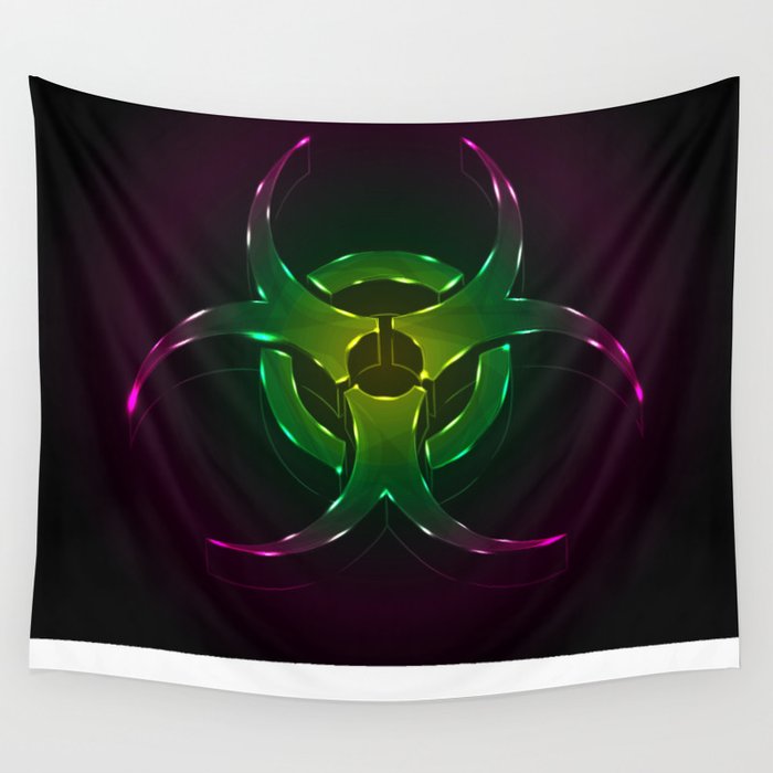 An illustration of a fluorescent biohazard symbol.  Wall Tapestry