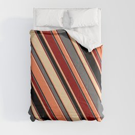 [ Thumbnail: Eye-catching Dim Grey, Dark Red, Tan, Coral, and Black Colored Striped Pattern Comforter ]