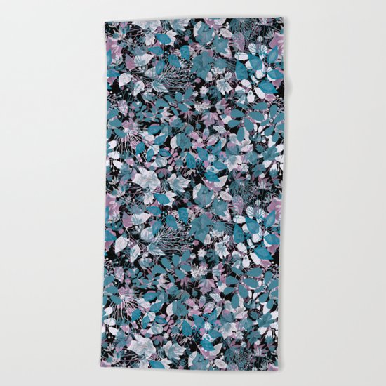 Openwork blue and purple leaves on a black background . Beach Towel