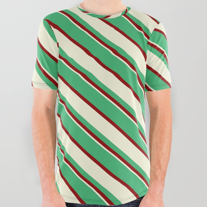 Sea Green, Dark Red, and Beige Colored Lined Pattern All Over Graphic Tee