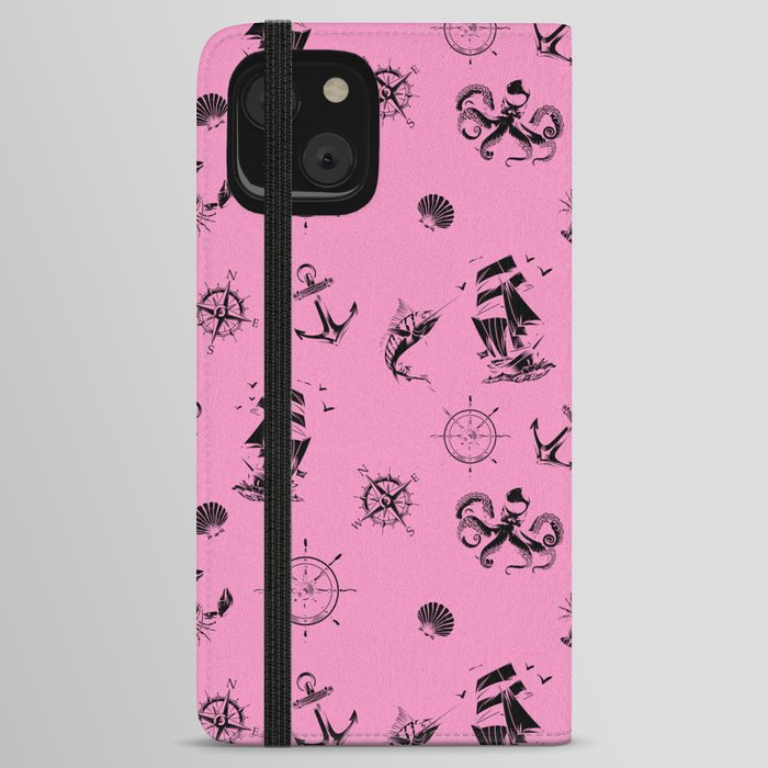 Pink And Black Silhouettes Of Vintage Nautical Pattern iPhone Wallet Case