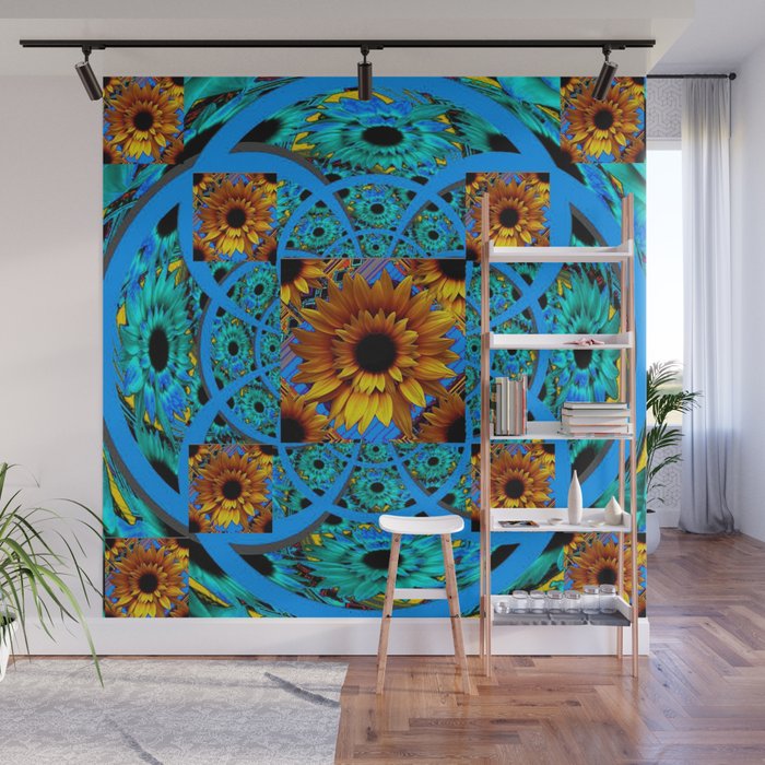 AWESOME BLUE & GOLD SUNFLOWERS  PATTERN ART Wall Mural