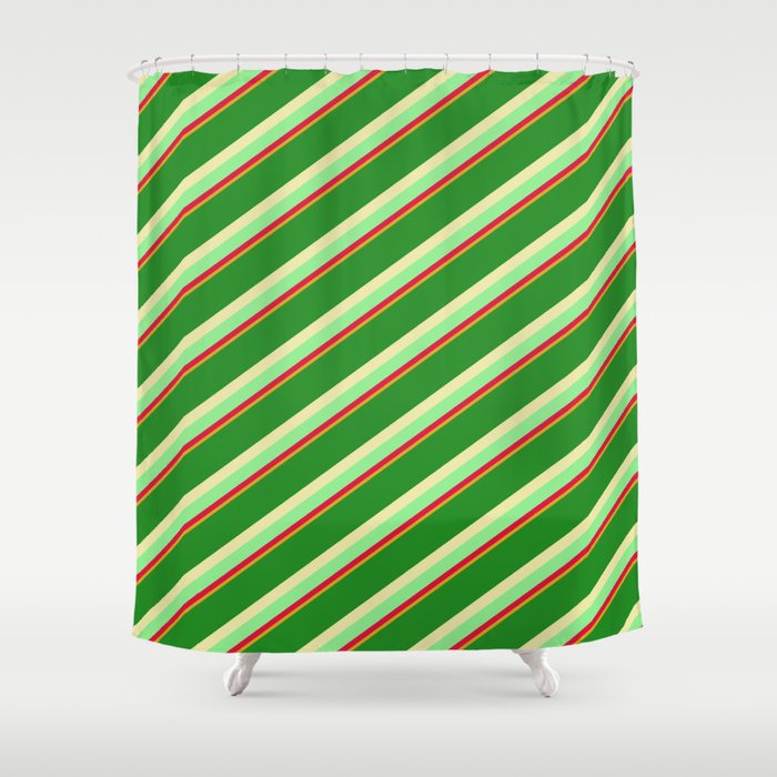 Forest Green, Pale Goldenrod, Light Green, Crimson, and Goldenrod Colored Pattern of Stripes Shower Curtain