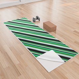[ Thumbnail: Green, Forest Green, Light Cyan & Black Colored Lines/Stripes Pattern Yoga Towel ]