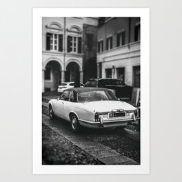 vintage jaguar car in vertical black and white background Art Print