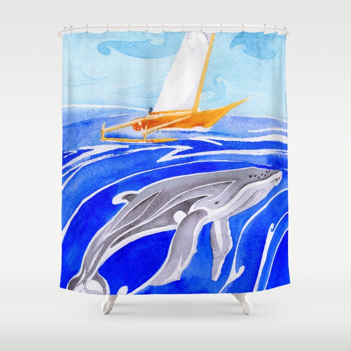 humpback whale and polynesian outrigger sail boat Shower Curtain