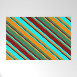 [ Thumbnail: Dark Orange, Sea Green, Dark Red, and Aqua Colored Stripes/Lines Pattern Welcome Mat ]