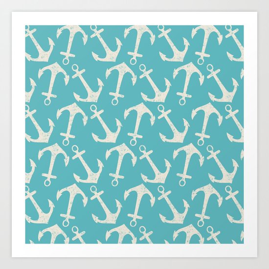 Maritime Nautical Aqua and White Anchor Pattern on #Society6 Art Print