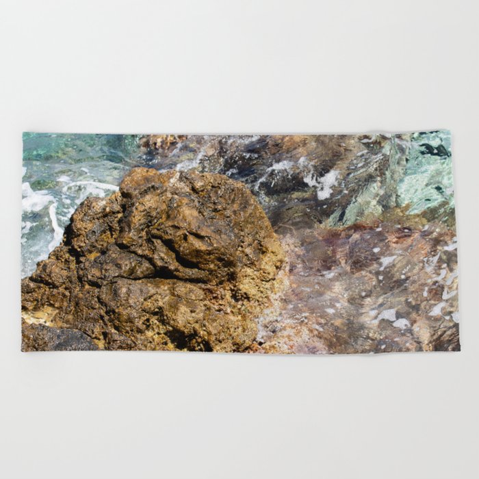 Yellow Volvanioc Rock And Deep Blue Sea Photography Beach Towel