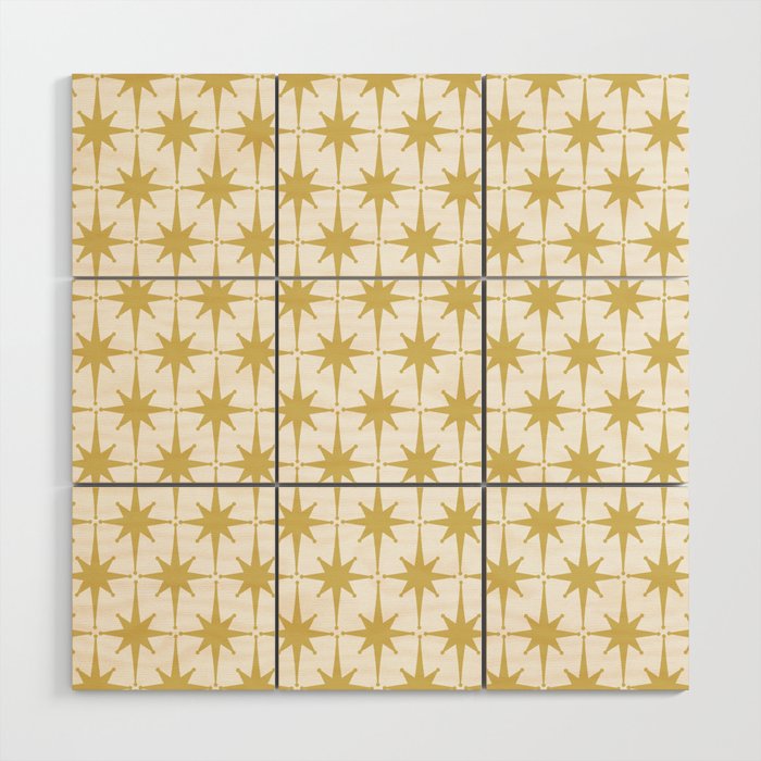 Midcentury Modern Atomic Starburst Pattern in Retro Gold and White Wood Wall Art
