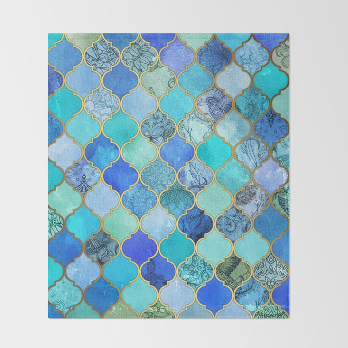 Cobalt Blue Aqua Gold Decorative Moroccan Tile Pattern Throw Cobalt Blue Aqua Gold Decorative Moroccan Tile Pattern Throw Blanket