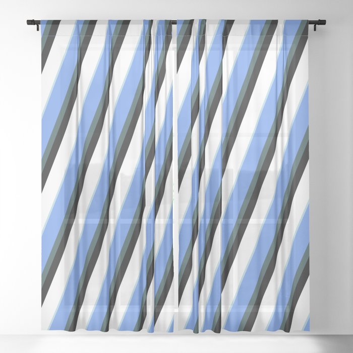 Eyecatching Cornflower Blue, Dark Slate Gray, Black, White, and Light Blue Colored Striped Pattern Sheer Curtain