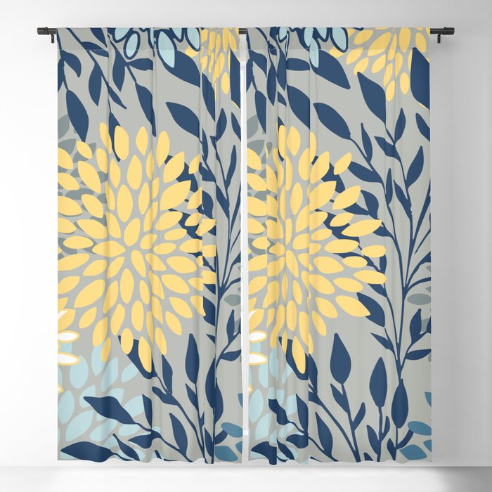 Festive, Floral Prints and Leaves, Yellow, Gray, Navy Blue, Teal Blackout Curtain