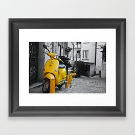 YELLOW MOTORCYCLE SCOOTER IN VINTAGE STREET Framed Art Print