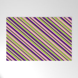 [ Thumbnail: Green, Light Pink & Indigo Colored Striped Pattern Welcome Mat ]