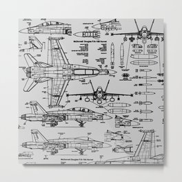 F-18 Blueprints // Light Grey Metal Print | Aviator, Jets, Planes, Airplane, Flying, Military, Fighter, F18, Combat, Hornet 