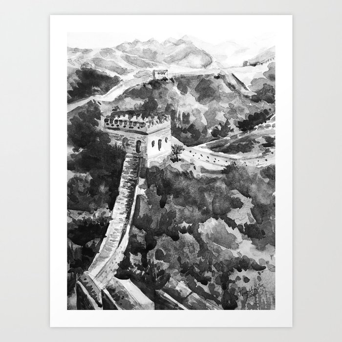 Great Wall of China Black and White Watercolor Painting Art Print