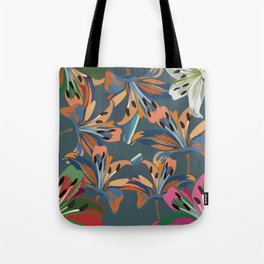 Lily - Colorful Floral Bouquet Art Pattern on Dark Blue Tote Bag