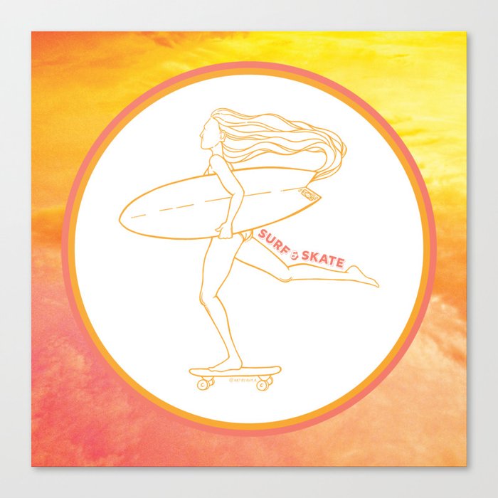 Surf Skate Cruise | California Skater Surfer Girl Design | Beach Inspired Artwork | Peach Orange Sun Aesthetic Canvas Print