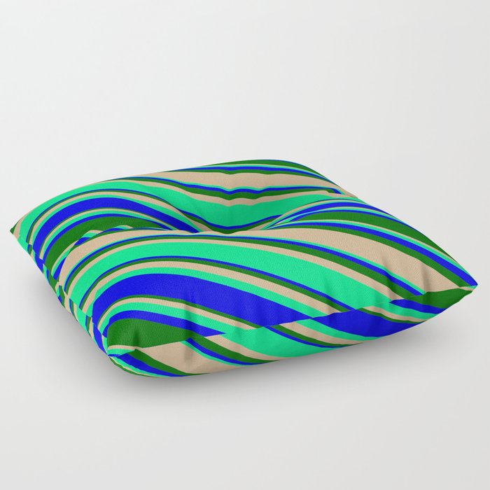 Tan, Green, Blue, and Dark Green Colored Lines/Stripes Pattern Floor Pillow