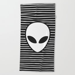 Alien on Black and White stripes Beach Towel | Eyes, Digital, B W, Pattern, Ufo, Graphicdesign, Alien, Black and White, Big, Background 