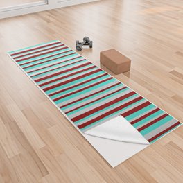 [ Thumbnail: Turquoise, Dark Red, and Light Grey Colored Pattern of Stripes Yoga Towel ]