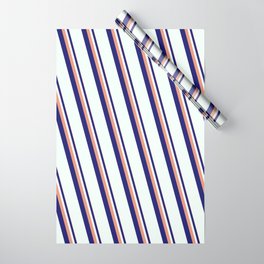 [ Thumbnail: Dark Salmon, Midnight Blue & Mint Cream Colored Stripes Pattern Wrapping Paper ]