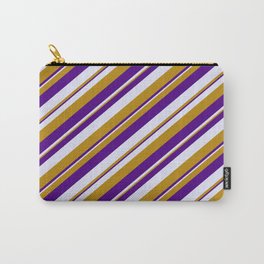 [ Thumbnail: Dark Goldenrod, Indigo, and Lavender Colored Lined Pattern Carry-All Pouch ]