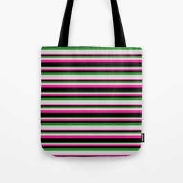 [ Thumbnail: Forest Green, Light Gray, Deep Pink, and Black Colored Stripes Pattern Tote Bag ]
