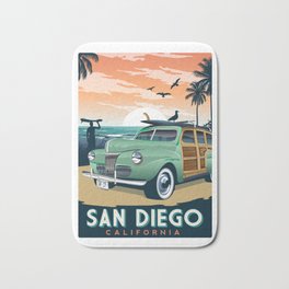 San Diego California Surf Bath Mat | Surfposter, Woody, Sunset, Graphicdesign, Surftruck, Surfing, Vintage, Travelposter, Beach, Surfer 