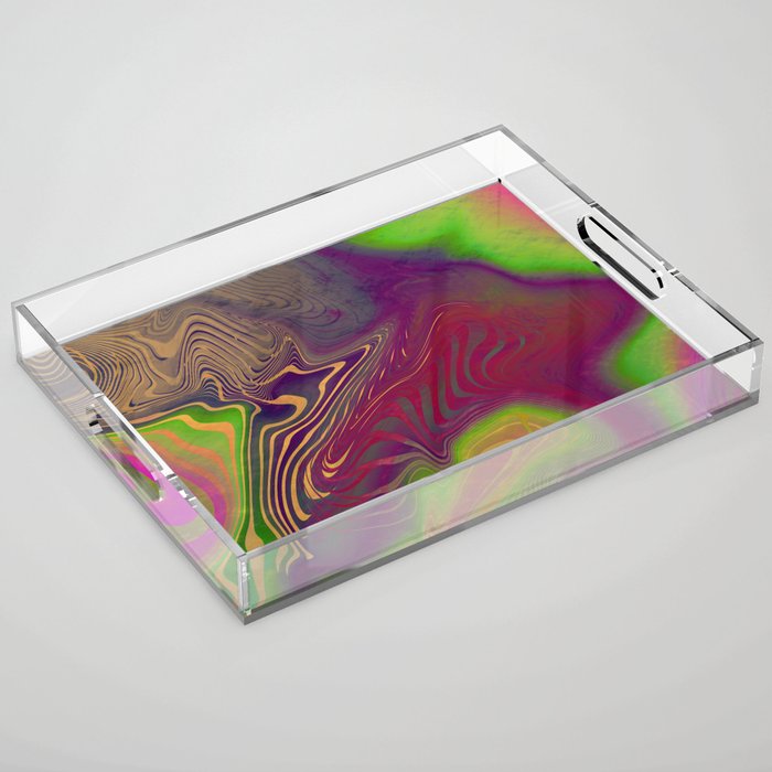 Multicolored neon psychedelic abstract digital art with distorted lines and metallic texture.  Acrylic Tray