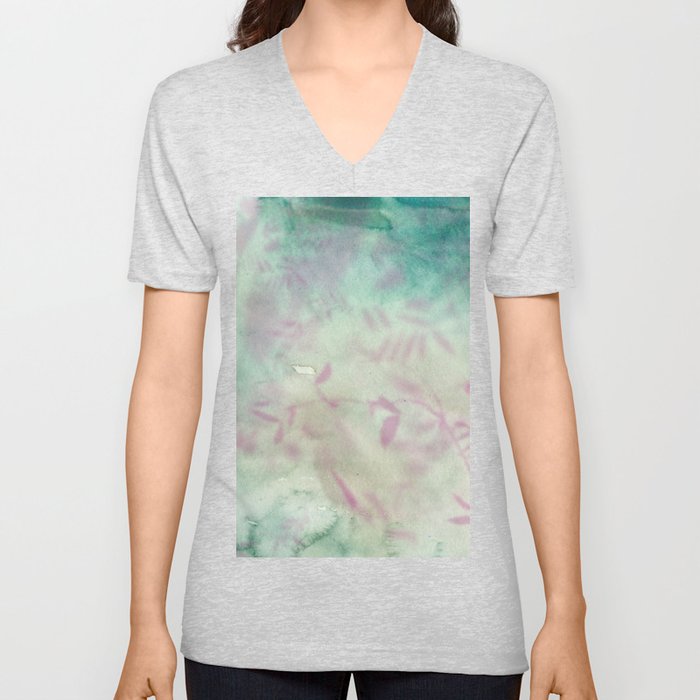 Watercolor emerald green ivory pink foliage floral  V Neck T Shirt