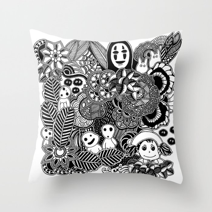 Ghibli  inspired black and white doodle art Throw Pillow