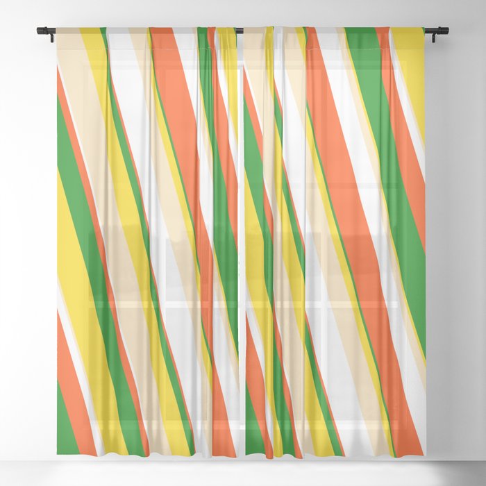 Eye-catching Yellow, Beige, White, Red & Green Colored Pattern of Stripes Sheer Curtain