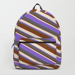[ Thumbnail: Beige, Purple, Dim Grey, and Brown Colored Striped/Lined Pattern Backpack ]