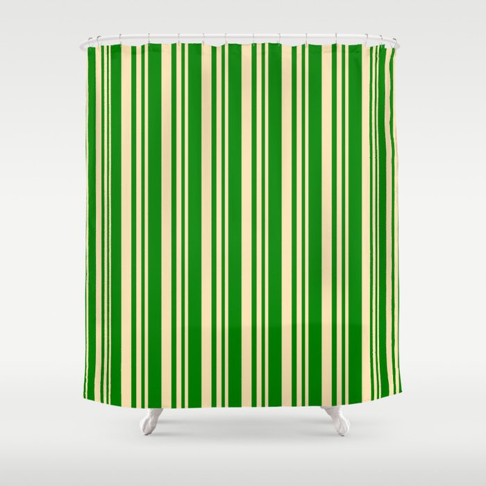 Beige and Green Colored Lined/Striped Pattern Shower Curtain