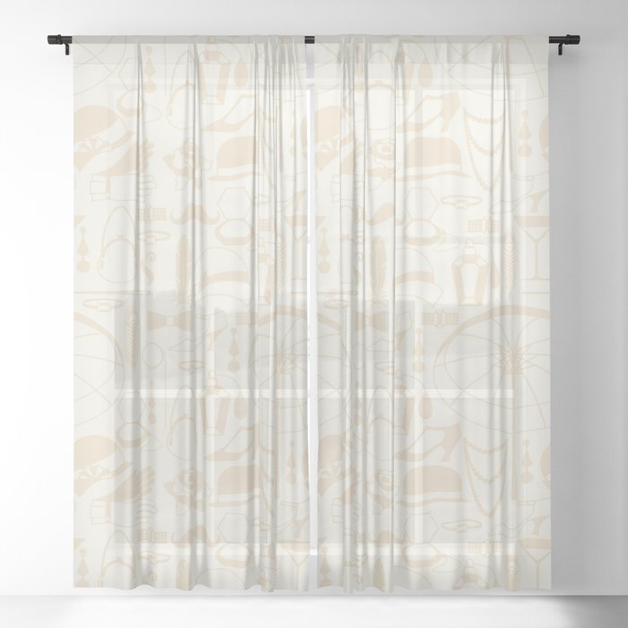 White Old-Fashioned 1920s Vintage Pattern on Cream Off-White Sheer Curtain