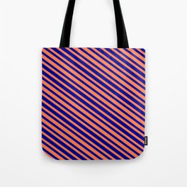 [ Thumbnail: Coral & Dark Blue Colored Stripes Pattern Tote Bag ]