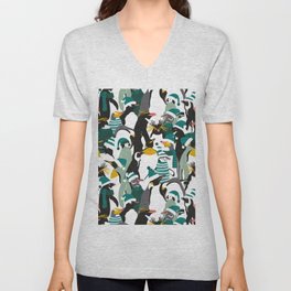 Merry penguins // black white grey dark teal yellow and coral type species of penguins green dressed for winter and Christmas season (King, African, Emperor, Gentoo, Galápagos, Macaroni, Adèlie, Rockhopper, Yellow-eyed, Chinstrap) V Neck T Shirt