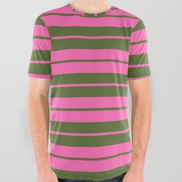 [ Thumbnail: Hot Pink and Dark Olive Green Colored Lined Pattern All Over Graphic Tee ]