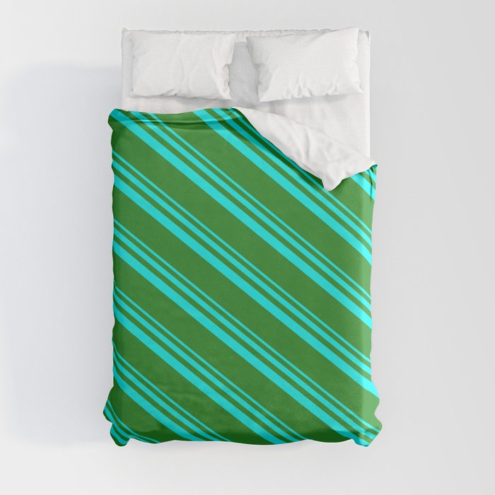 Aqua & Forest Green Colored Lines/Stripes Pattern Duvet Cover
