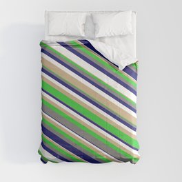 [ Thumbnail: Eyecatching Tan, Lime Green, Grey, Midnight Blue & White Colored Lines Pattern Comforter ]