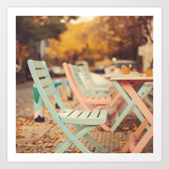 Dream Autumn (Pink and blue coffee shop chairs on retro and vintage fall) Art Print