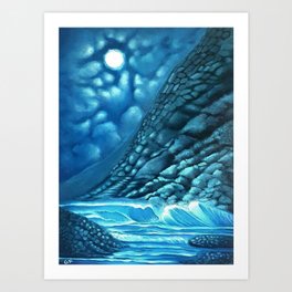 Ocean Art- Nature Scene - clouds - moon - mountains Art Print